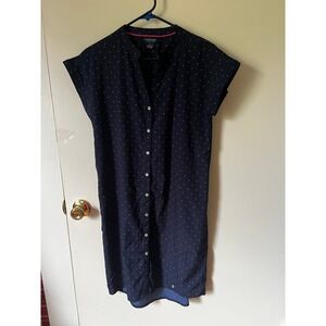 US Polo Assn Navy Blue Polka Dot Button Down Shirt Dress Mandarin Collar Small
